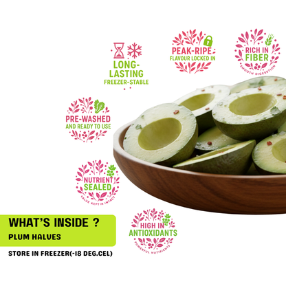 Plum halves in a wooden bowl with health benefits text on a white background. rich in fibre, peak ripe flavour locked in, no prep, no waste, silky smooth consistency, and nutrient sealed.