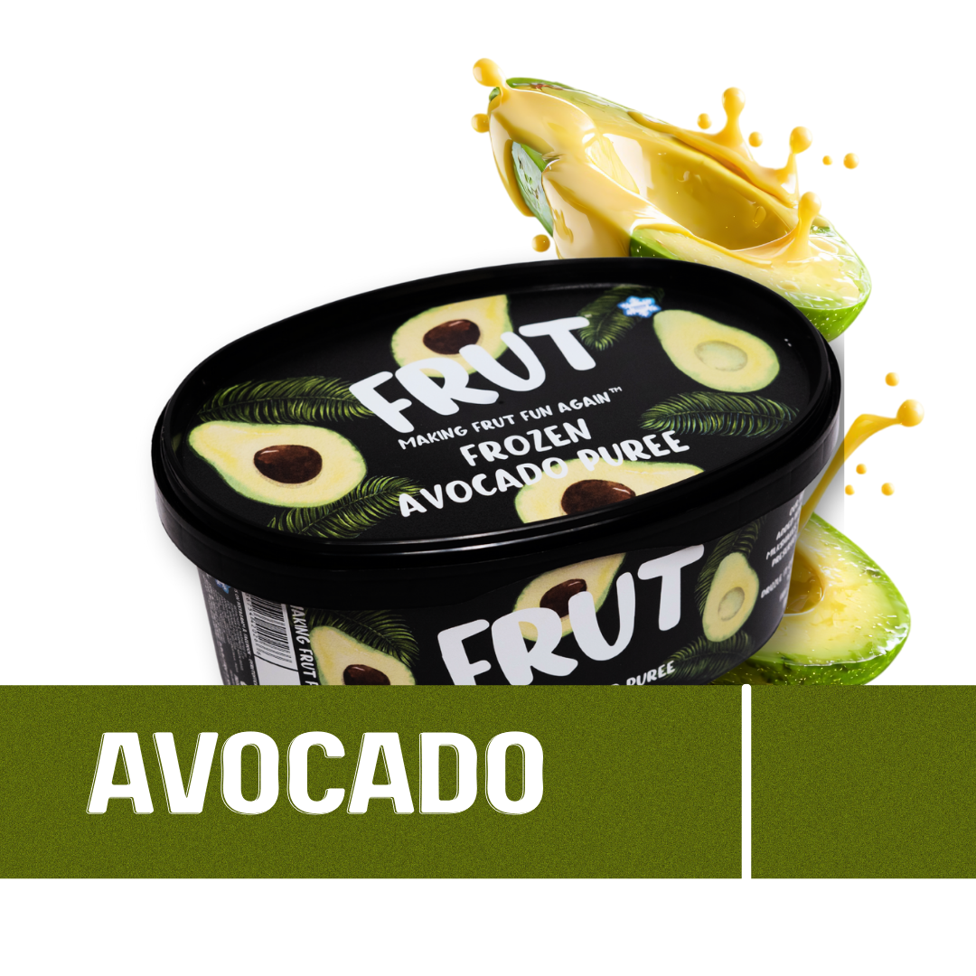 FRUT Frozen Hass Avocado Puree 1kg container- front box image with a creative avocado image on the back and avocado name in front