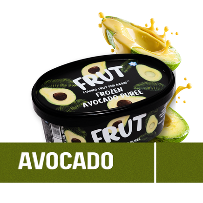 FRUT Frozen Hass Avocado Puree 1kg container- front box image with a creative avocado image on the back and avocado name in front