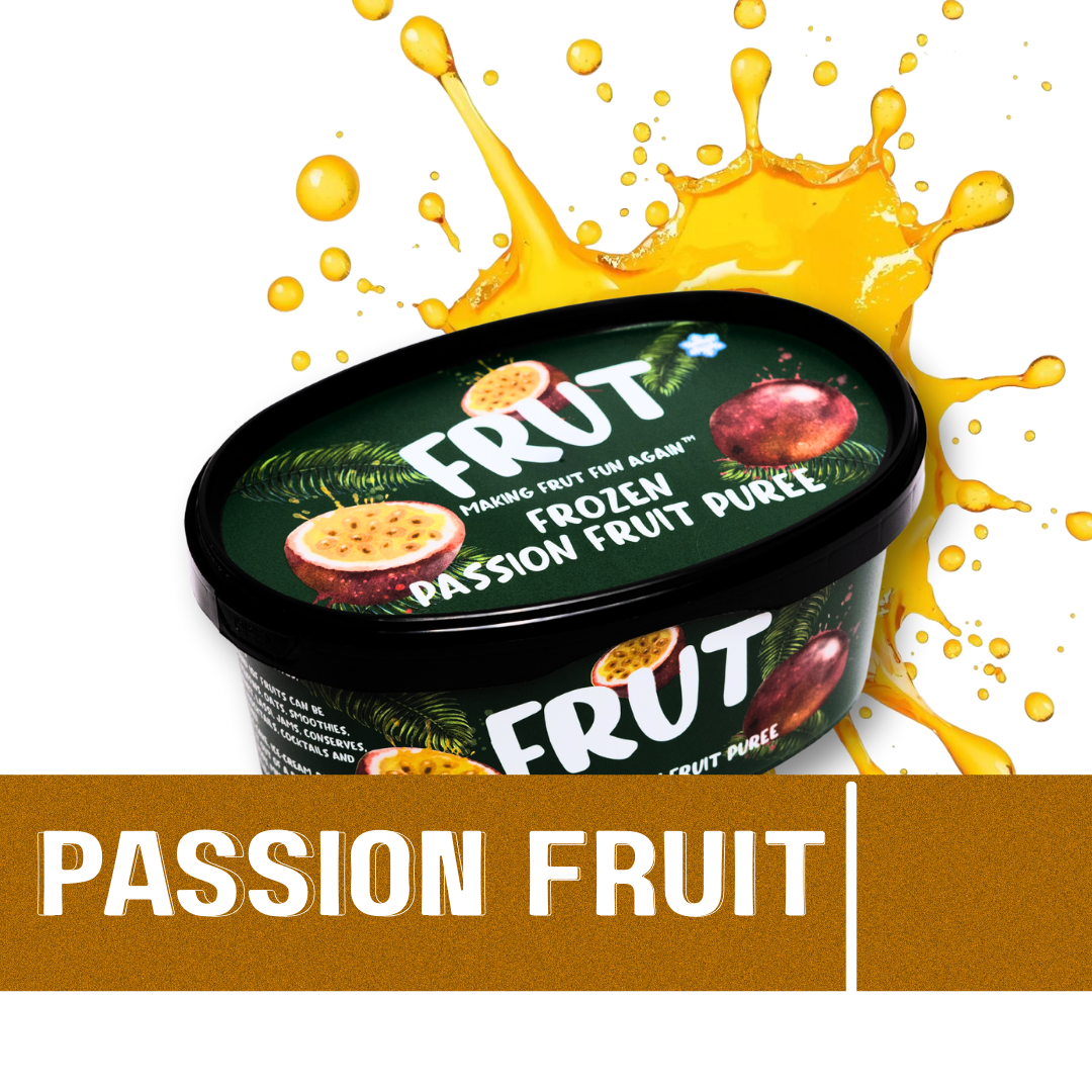 FRUT Frozen Passion Fruit Pulp - Natural & Tangy, Real Fruit, No Added Sugar front image with white background and creative passion fruit splash on background