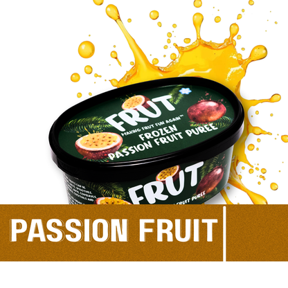 FRUT Frozen Passion Fruit Pulp - Natural & Tangy, Real Fruit, No Added Sugar front image with white background and creative passion fruit splash on background
