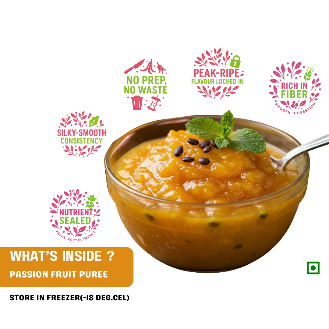 Passion fruit puree in a glass bowl with health benefits text on a white .FRUT frozen passion fruit is rich in fiber, peak ripe falvour locked in, no prep no waste, silky smooth consisitency, and nutrient sealed.