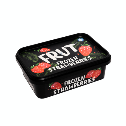 Container of Frut frozen strawberries on a white background