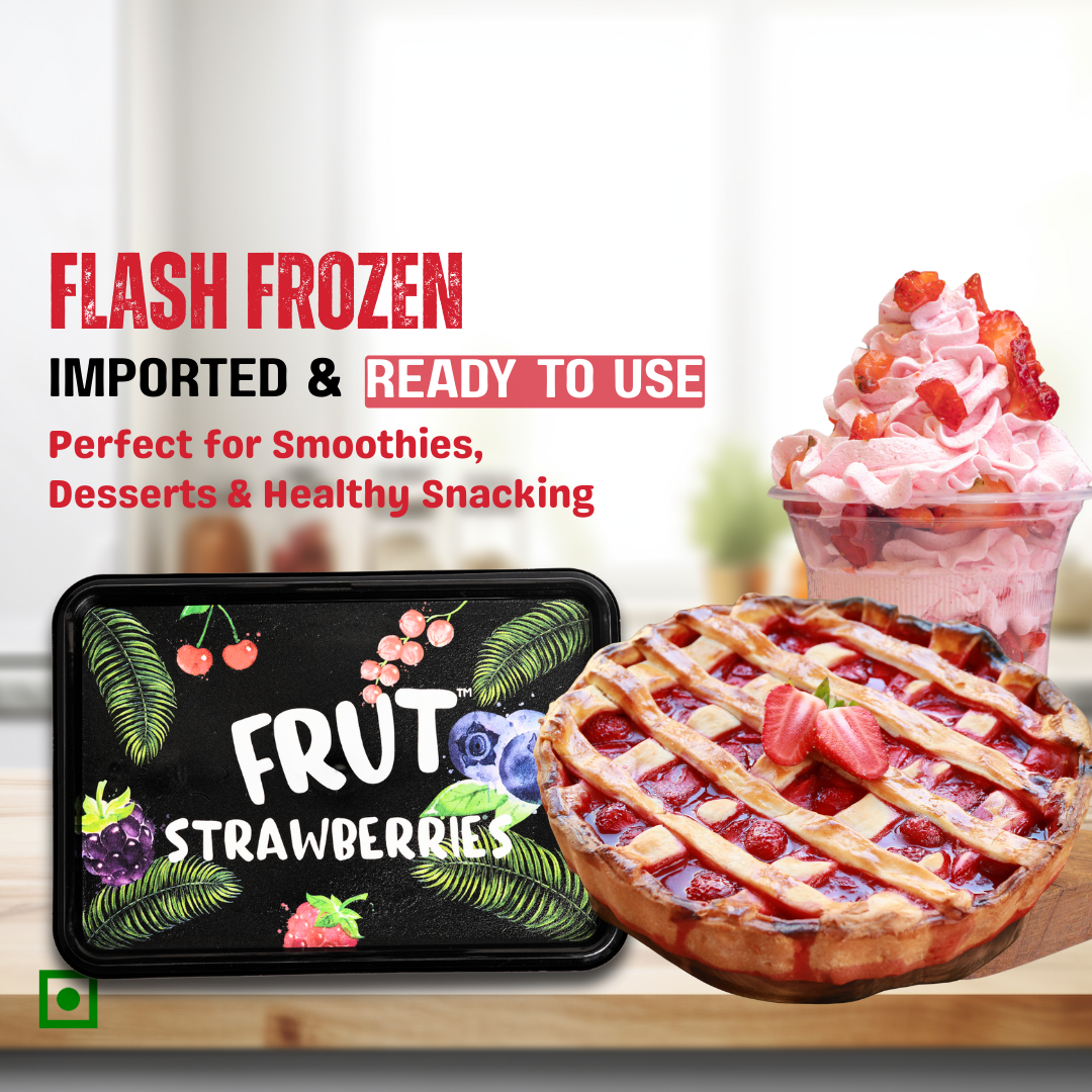 Flash frozen strawberries packaging with a pie and dessert in the background.