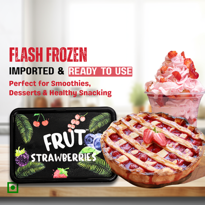 Flash frozen strawberries packaging with a pie and dessert in the background.