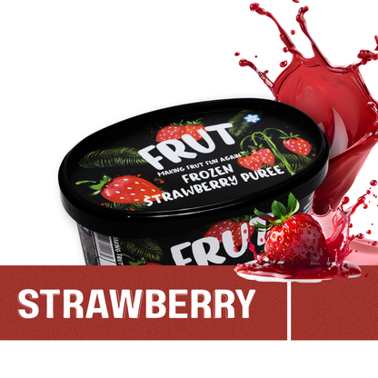 Frozen strawberry puree with health benefits labels on a white background and strawberry splash behind