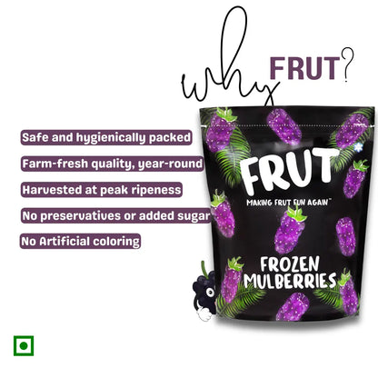 Why choose FRUT Frozen mulberries — safe, hygienic, preservative-free, and harvested at peak ripeness frozen fruit pack.