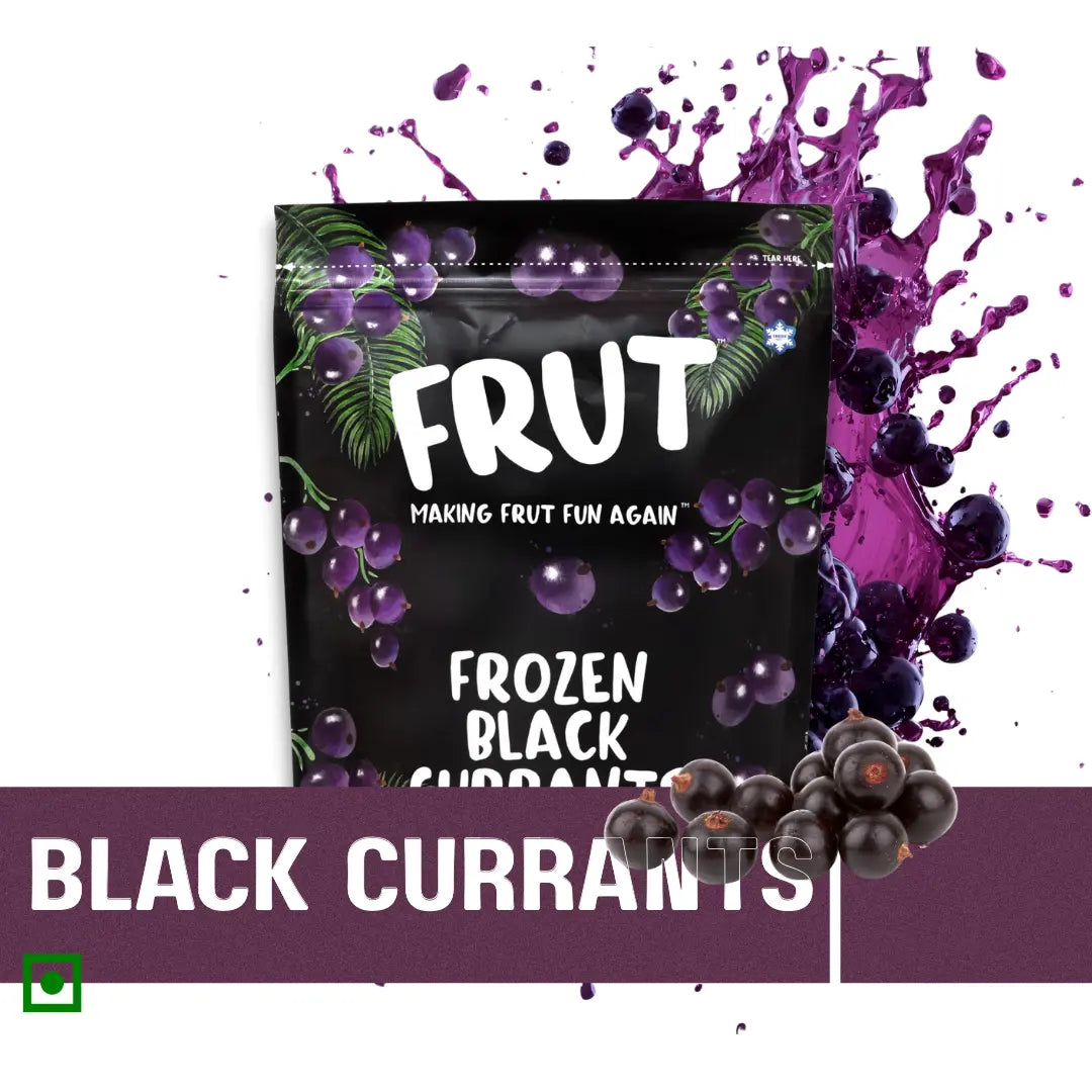 FRUT imported frozen black currants 1kg pouch with animation design - IQF berries (europe country)