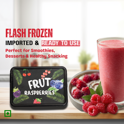 FRUT raspberries are Flash frozen imported and ready to use frozen raspberries perfext for smoothies, desserts aand healthy snacking