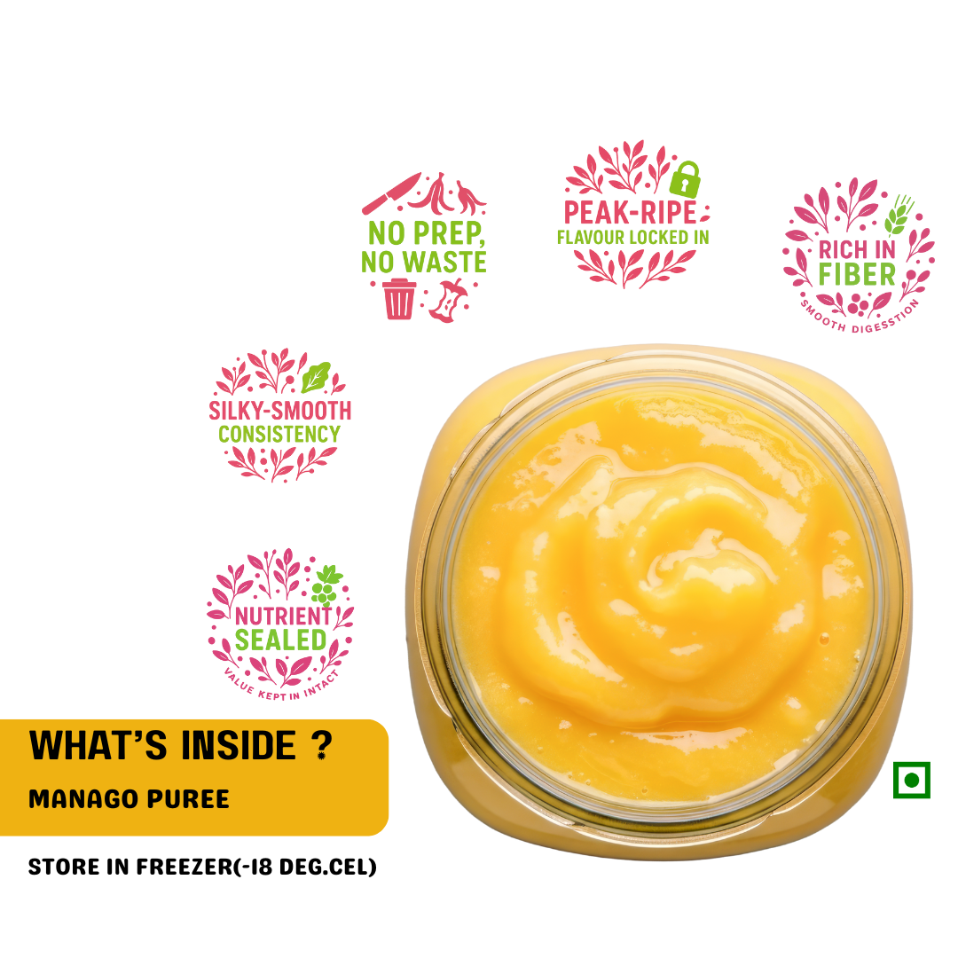 Frozen Alphonso Mango Pulp sweetened  1kg - is nurtrient sealed, silky smooth consistency, peak ripe flavoured locked in, and rich in fiber.