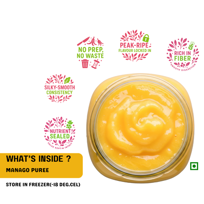 Frozen Alphonso Mango Pulp sweetened  1kg - is nurtrient sealed, silky smooth consistency, peak ripe flavoured locked in, and rich in fiber.