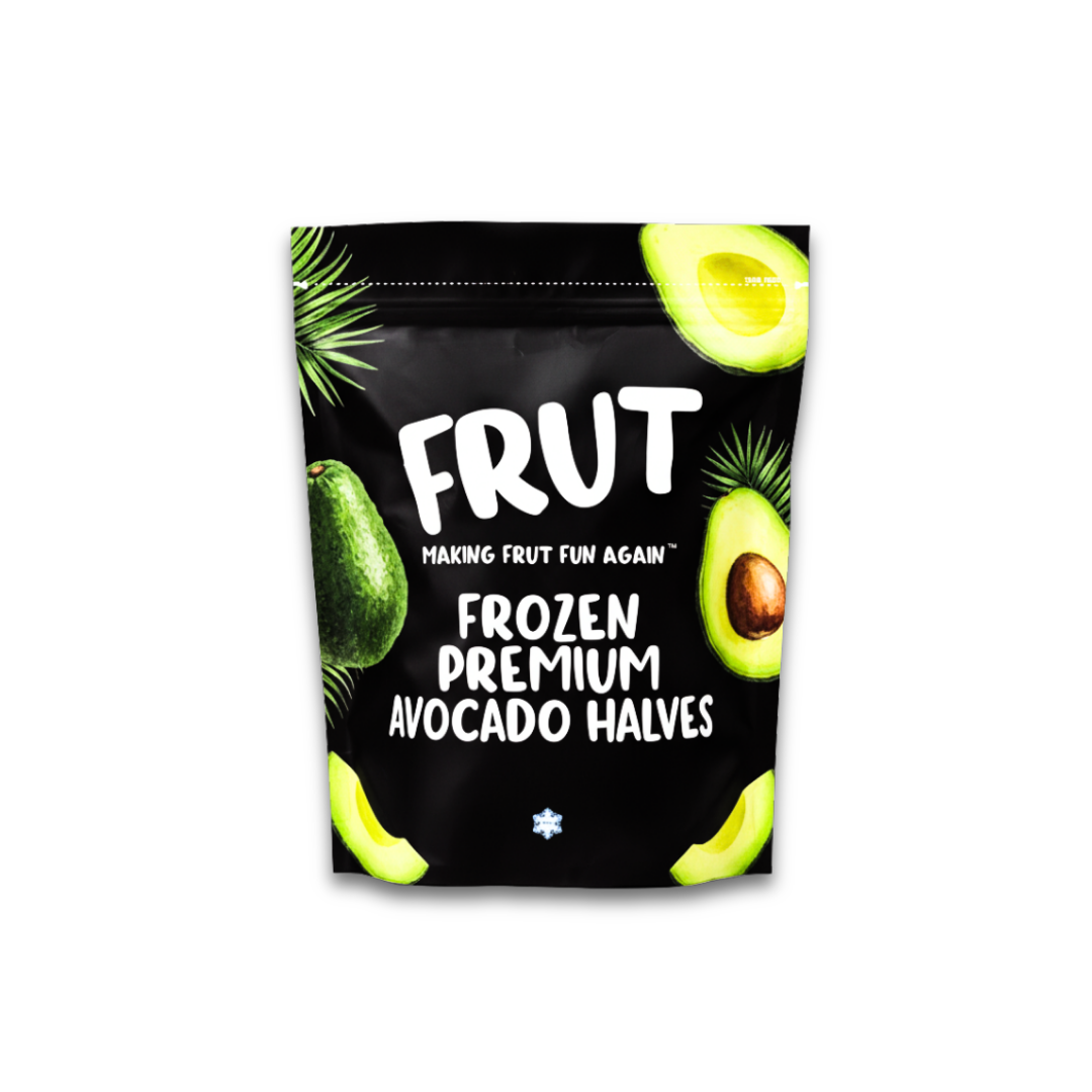 Bag of Frut frozen premium avocado halves on a white background