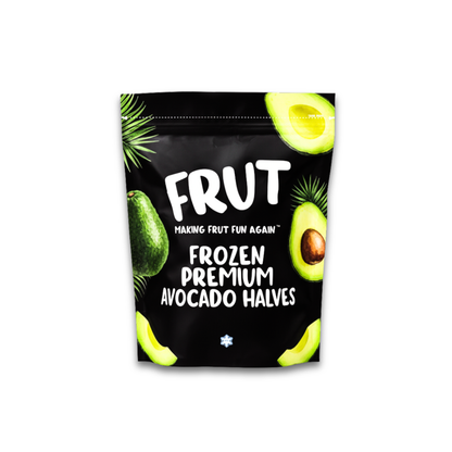 Bag of Frut frozen premium avocado halves on a white background
