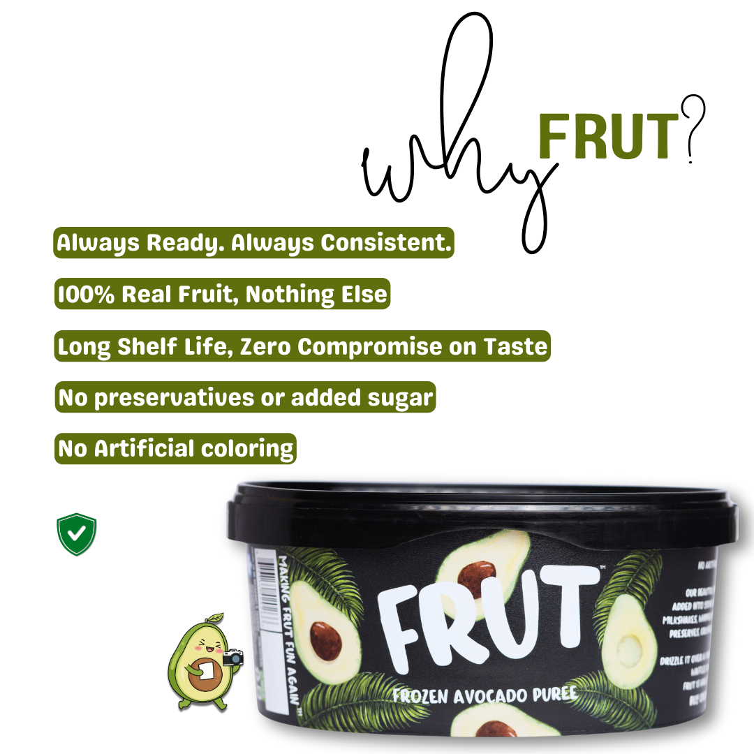 why frut Frozen Hass Avocado Puree 1kg - Always ready, always consistent. 100% real fruit, long shelf life, zero compromsie on taste, no preservatives, no added sugar, and no artificial coloring