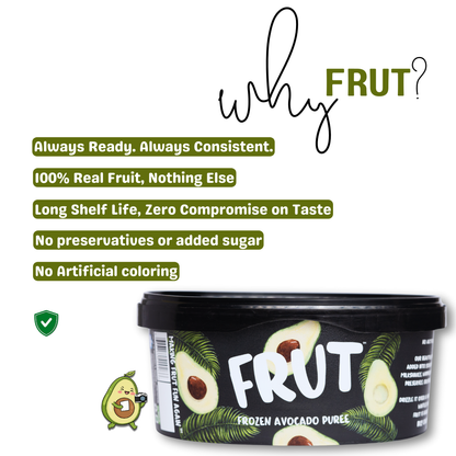 why frut Frozen Hass Avocado Puree 1kg - Always ready, always consistent. 100% real fruit, long shelf life, zero compromsie on taste, no preservatives, no added sugar, and no artificial coloring