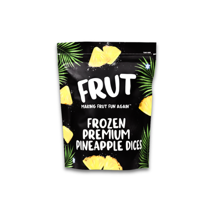 Packaging of Frozen Premium Pineapple Dices by Frut on a white background