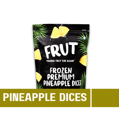 Packaging of Frut frozen premium pineapple dice with black background and pineapple slices.