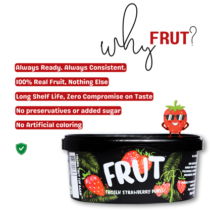FRUT frozen strawberry puree container with promotional text on a white background. why frut Frozen Hass Avocado Puree 1kg - Always ready, always consistent. 100% real fruit, long shelf life, zero compromsie on taste, no preservatives, no added sugar, and no artificial coloring.
