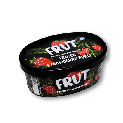 Container of FRUT frozen strawberry puree 1kg on a white background