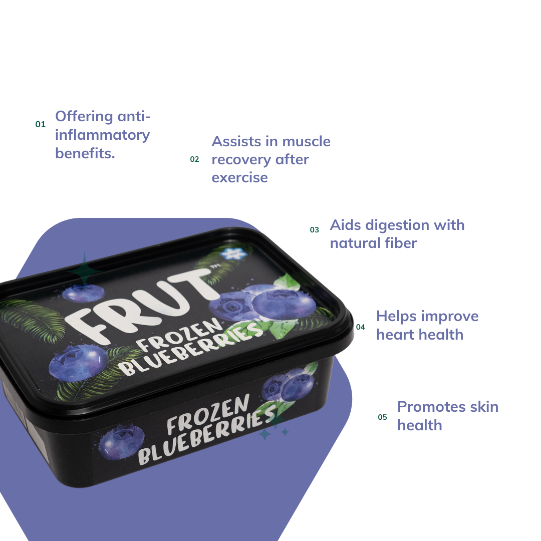 Frozen blueberries packaging with health benefits text on a white background