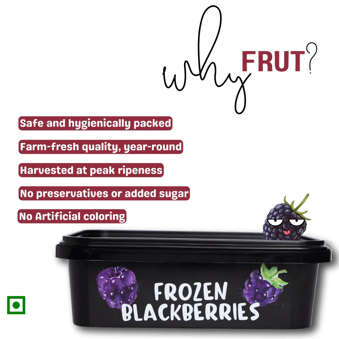Frozen blackberries container with 'why FRUT?' text and features listed on a white background. Why choose FRUT Frozen Blackberries — safe, hygienic, preservative-free, and harvested at peak ripeness frozen fruit pack.