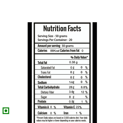 Frut Frozen Cranberries nutrition facts — 88 kcal per 50g, rich in fiber and vitamin C, zero cholesterol, no trans fat or artificial coloring