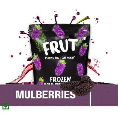 FRUT Imported Frozen Mulberries 1kg pouch - IQF Superfruit Naturally Sweet front image with creatives, 100% veg