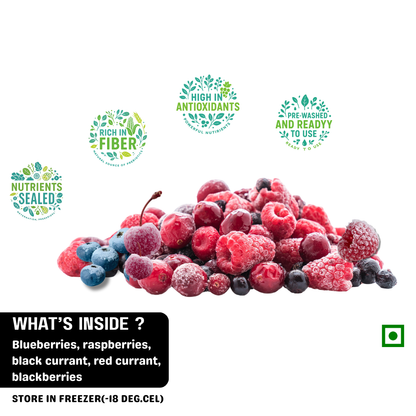 Frozen mixed berries, including blueberries, raspberries, black currants, red currants, and blackberries, that are rich in fibre and antioxidants.