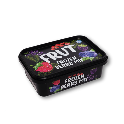 FRUT Berry Mix frozen fruit pack – premium mix of blueberries, raspberries, and blackberries in black container, ready to use for smoothies and desserts.