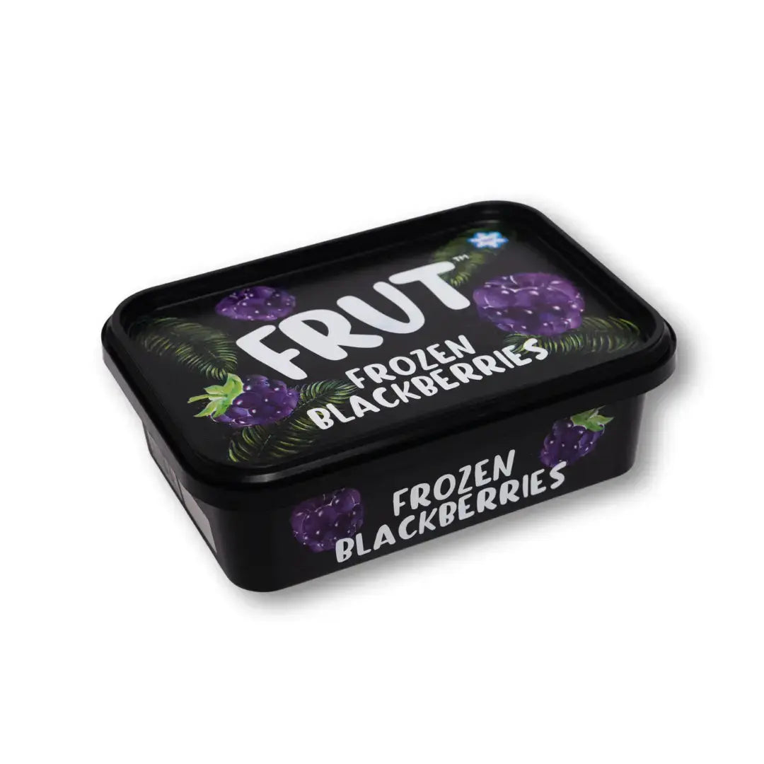 FRUT Frozen Blackberries packaging — premium black container with illustrated berries and palm leaves, frozen fruit brand in India.