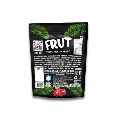 Back of Frut Frozen Cranberries pouch showing ingredients, nutritional info, and QR code — no added sugar, no preservatives, pure frozen fruit by Frut.