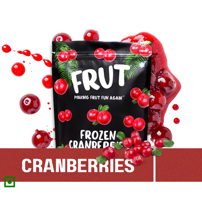 Frut Frozen Cranberries packaging surrounded by fresh, juicy cranberries and cranberry puree splash — natural, antioxidant-rich frozen fruit for smoothies and desserts