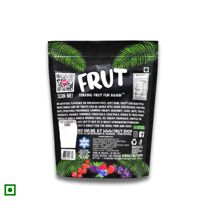 Back view of Frut Frozen Premium Berry Mix pack showing product information, ingredients, and QR code