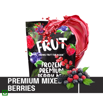 Frut Premium Mixed Berries pack with splash effect and fresh blueberries, raspberries, and blackberries