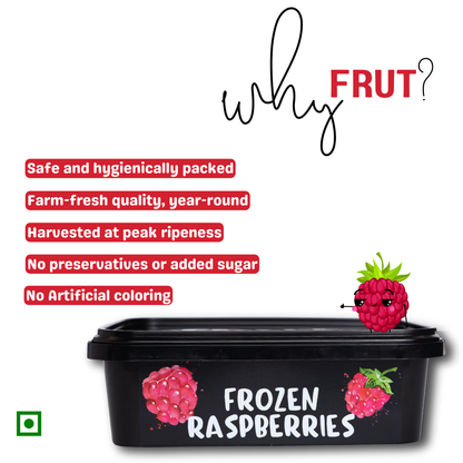 Why choose Frut Frozen raspberries — safe, hygienically packed, farm-fresh, no preservatives or added sugar, and harvested at peak ripeness