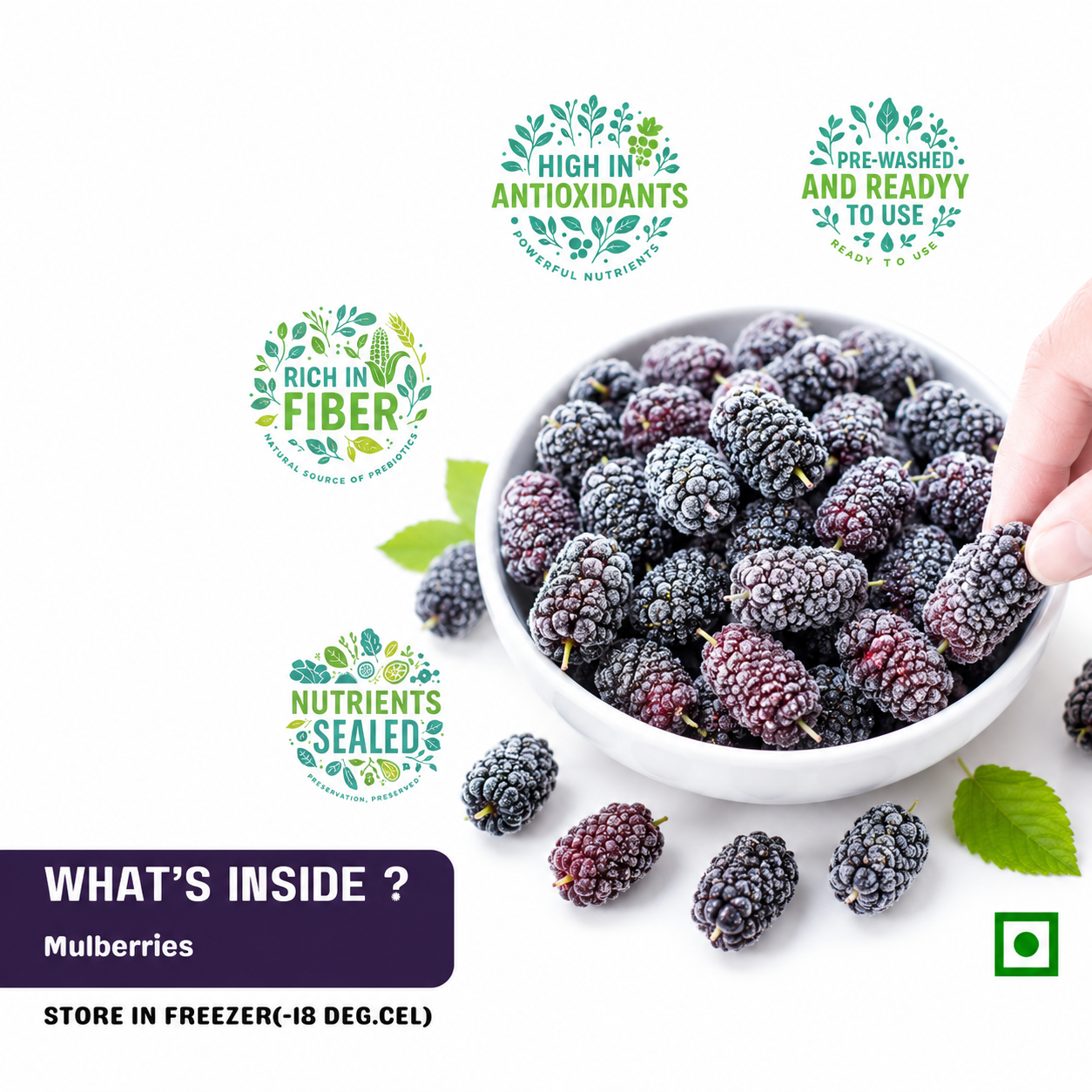 FRUT IQF Frozen mulberries — high in antioxidants, rich in fiber, pre-washed and ready to use, nutrients sealed for maximum freshness.