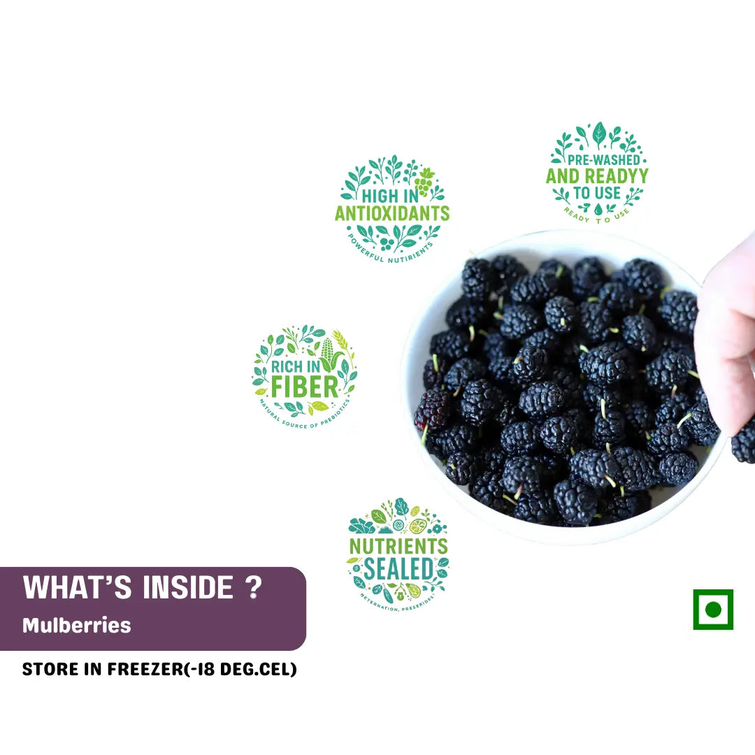 Bowl of FRUT Frozen Blackberries high in fiber and antioxidants, pre-washed and ready to use.