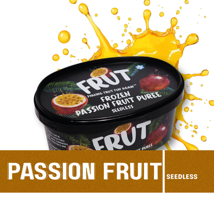 Black FRUT frozen passion fruit seedless pulp packaging with green leaf designs on a white background and passion fruit splash behind