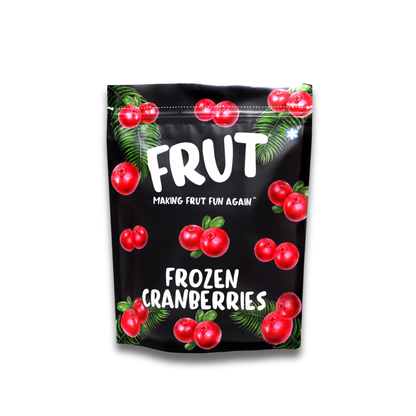 Frut Frozen Cranberries pack — pure, preservative-free frozen fruit with rich red cranberries and the tagline “Making Fruit Fun Again”