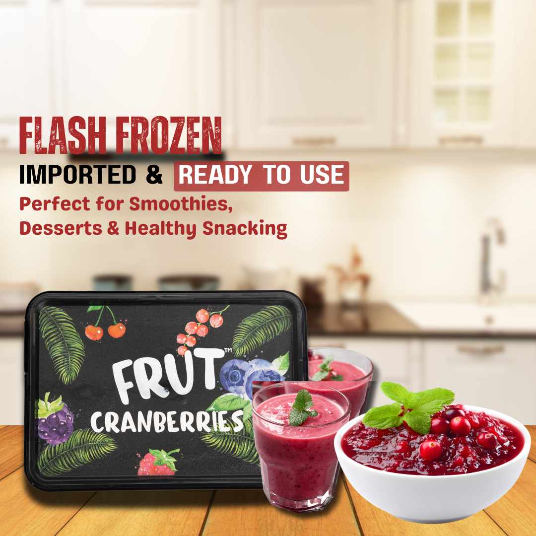 FRUT Frozen Cranberries — imported, flash-frozen, and ready to use for smoothies, desserts, and snacking.