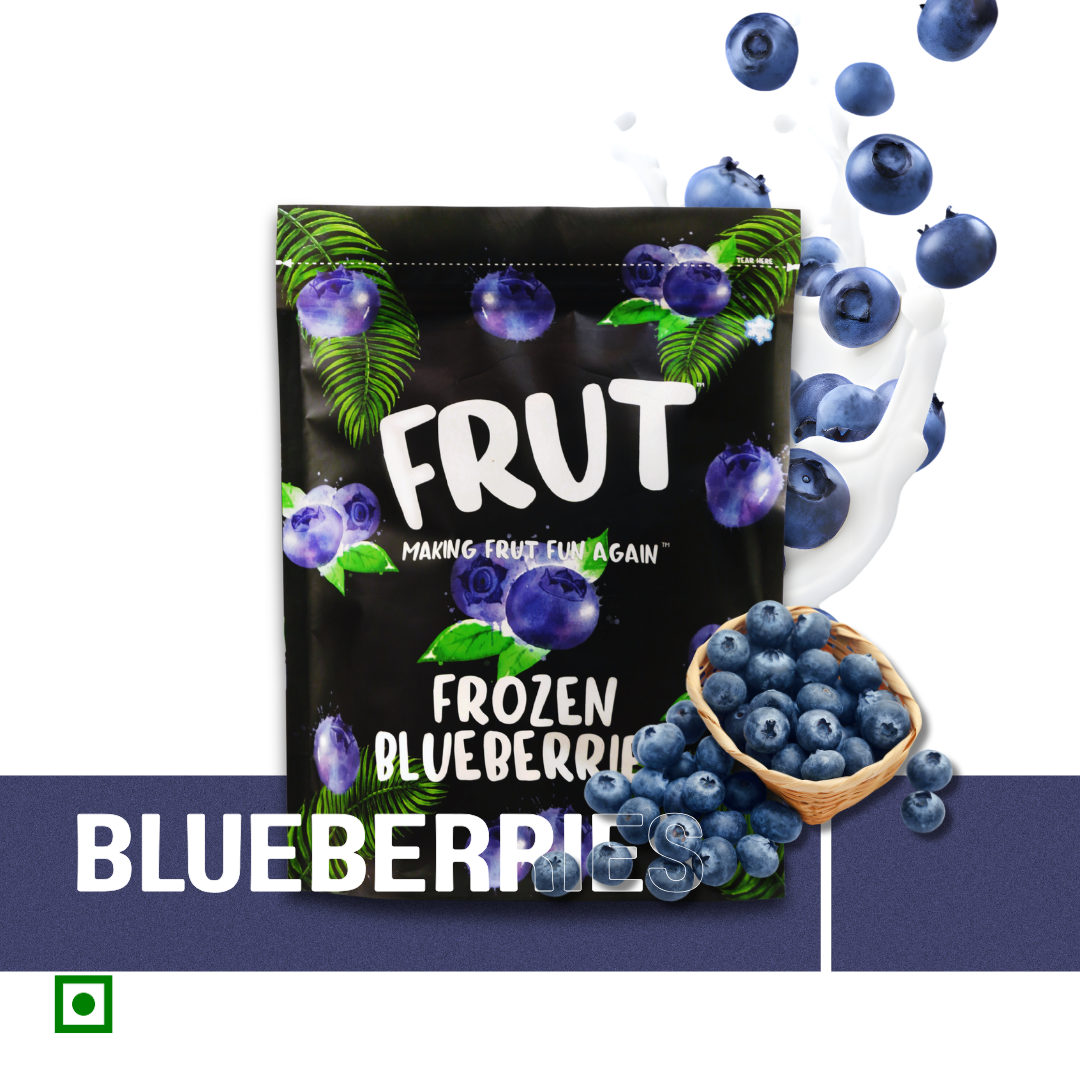 Frut Frozen Blueberries with milk splash and fresh blueberries — farm-fresh, nutrient-rich frozen fruit sealed for freshness