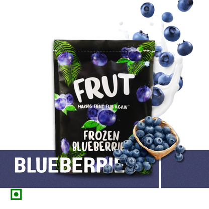 Frut Frozen Blueberries with milk splash and fresh blueberries — farm-fresh, nutrient-rich frozen fruit sealed for freshness