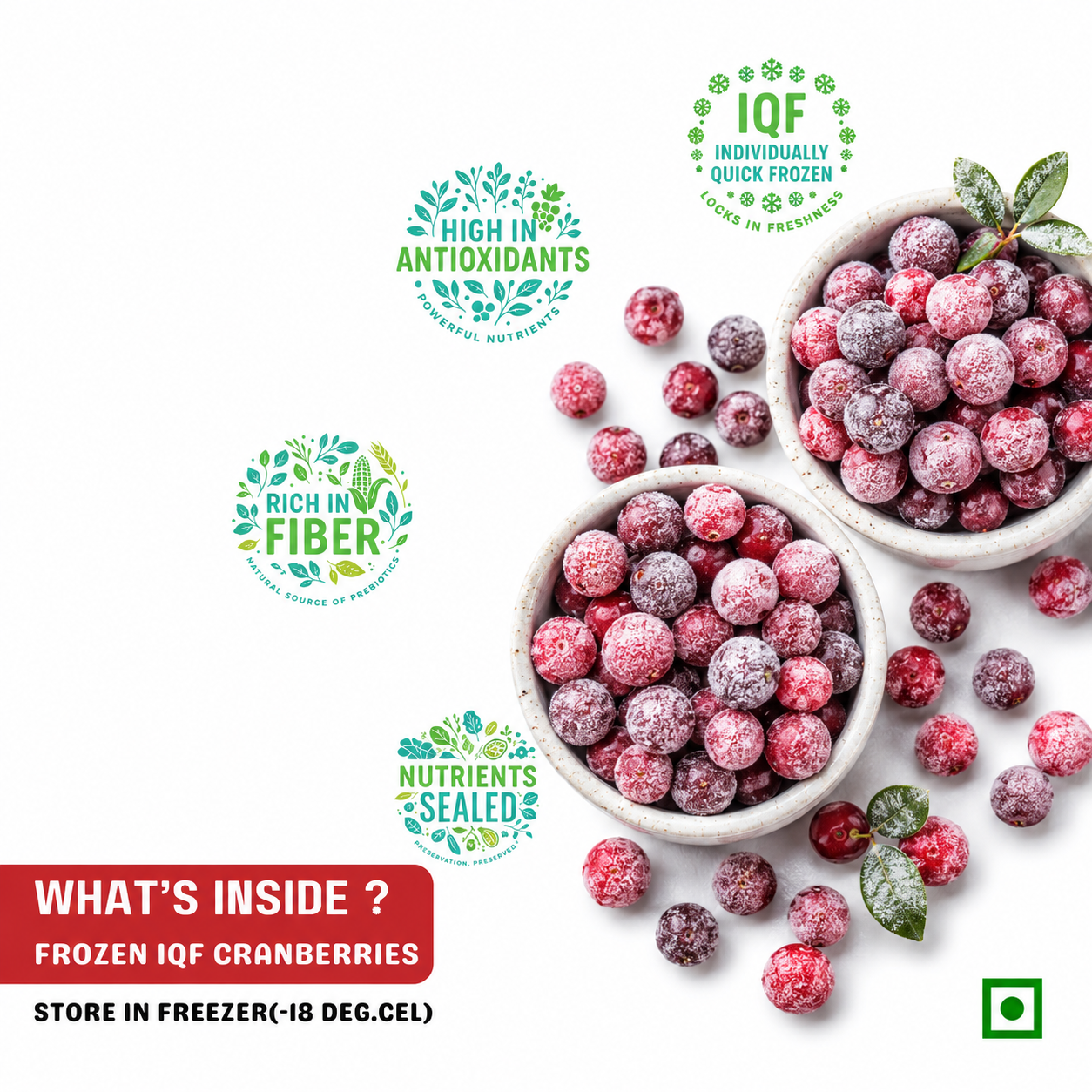 High in antioxidants, rich in fiber, nutrients sealed — Frut Frozen Cranberries, pre-washed and ready to use, perfect for smoothies, baking, and snacks.
