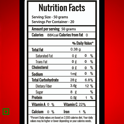 Frut Frozen Cranberries nutrition facts — 88 kcal per 50g, rich in fiber and vitamin C, zero cholesterol, no trans fat or artificial coloring