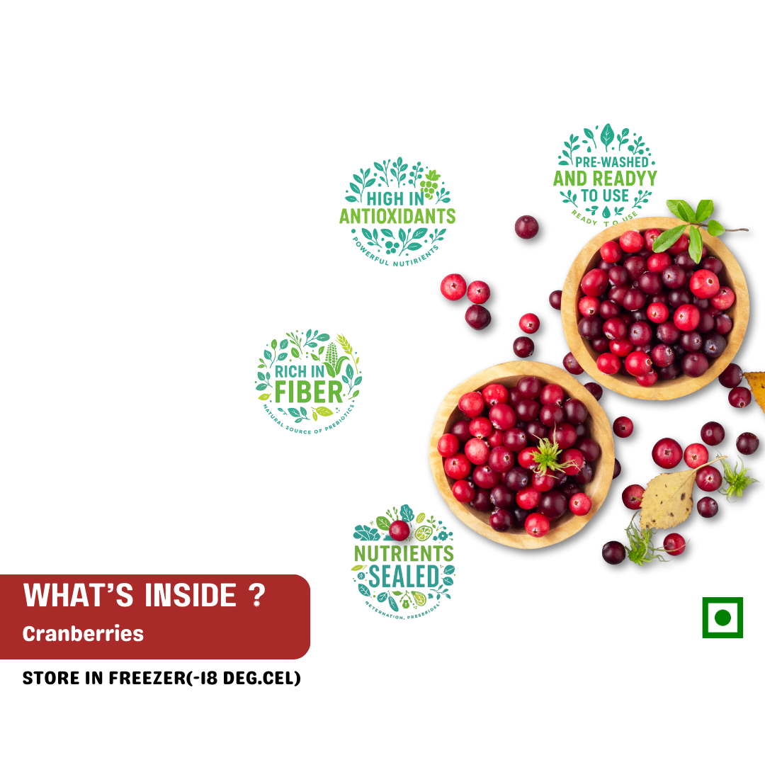 High in antioxidants, rich in fiber, nutrients sealed — Frut Frozen Cranberries, pre-washed and ready to use, perfect for smoothies, baking, and snacks
