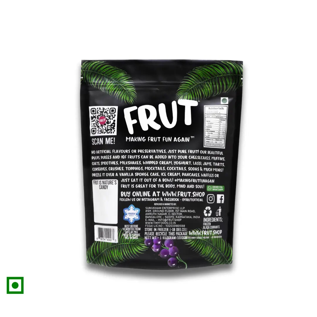FRUT imported frozen black currants 1kg pouch back image with nutrients