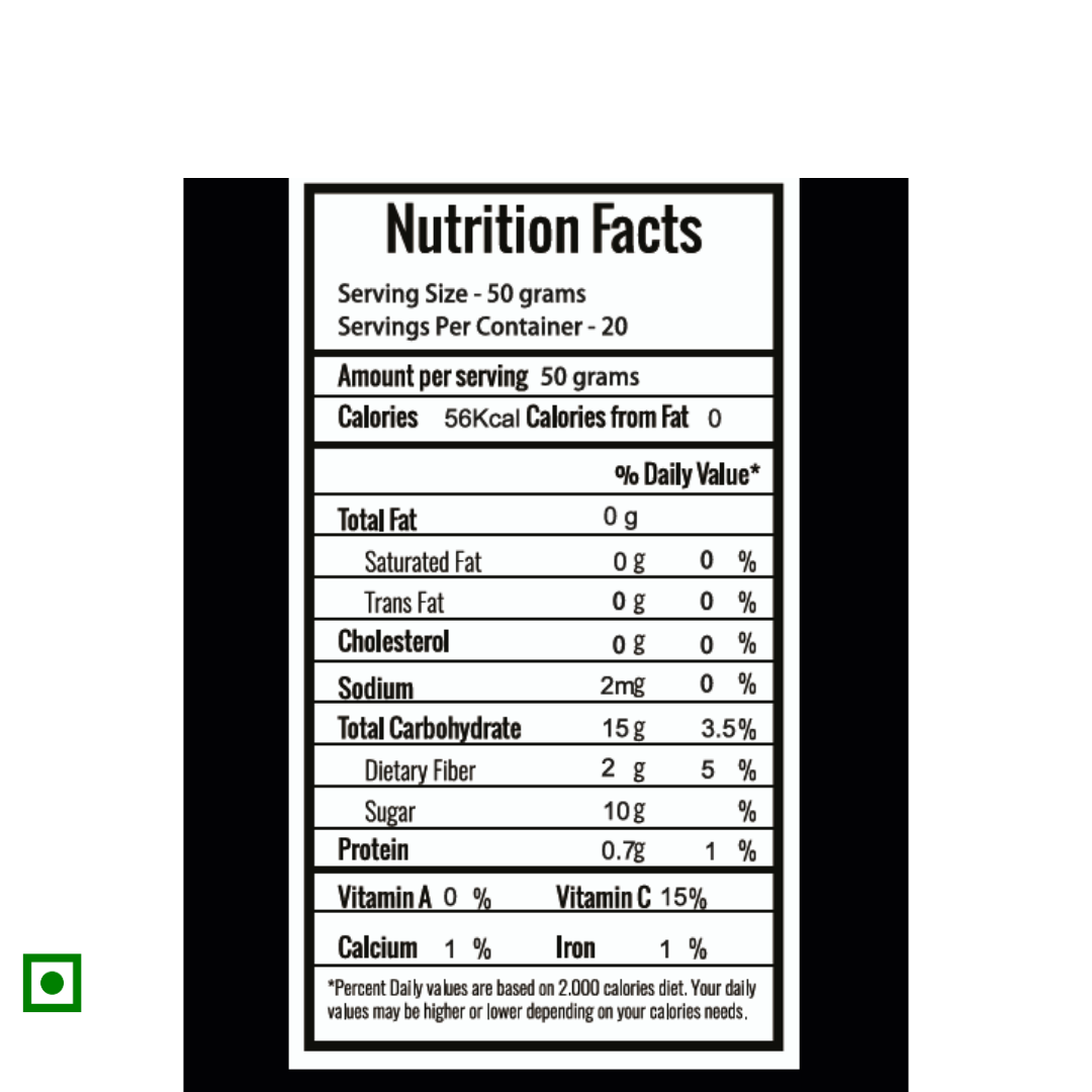 FRUT Frozen Blackberries nutrition facts label — 56 kcal per 50g, rich in fiber and vitamin C, zero fat, zero cholesterol.