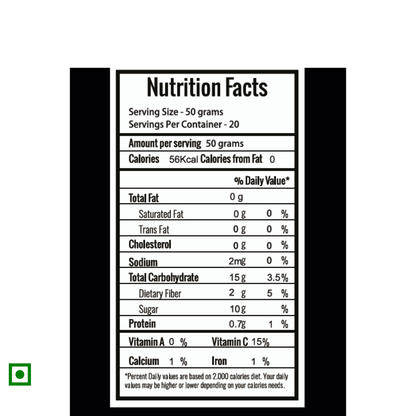 FRUT Frozen Blackberries nutrition facts label — 56 kcal per 50g, rich in fiber and vitamin C, zero fat, zero cholesterol.