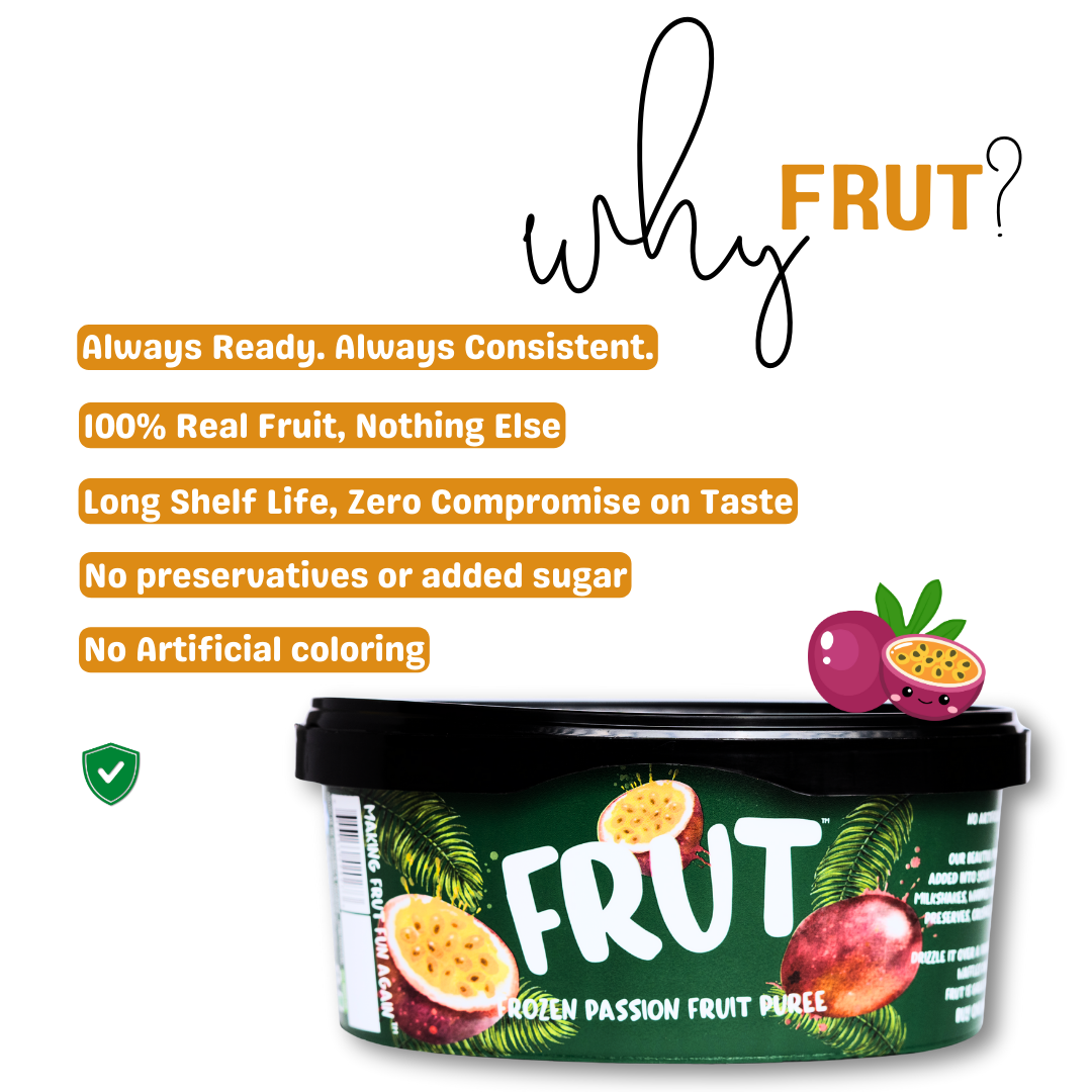 Container of FRUT passion fruit puree with promotional text on a white background. rich in fiber, peak ripe falvour locked in, no prep no waste, silky smooth consisitency, and nutrient sealed.
